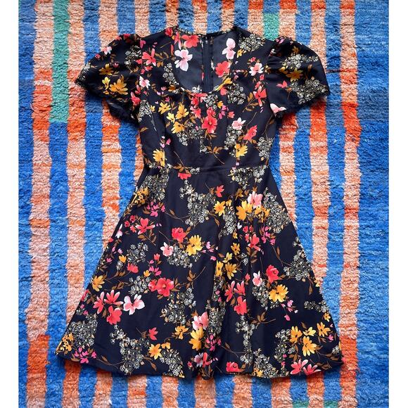 Vtg 70's Handmade Dark Floral Flared Midi Dress Flutter Sleeves Plus Sz L/XL - Picture 1 of 10